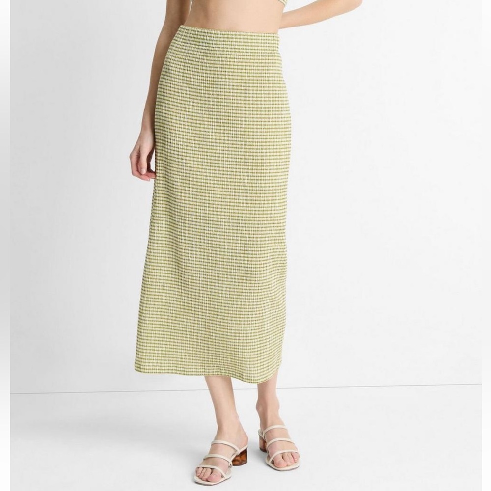 Vince Checkered Smocked Midi Skirt L
